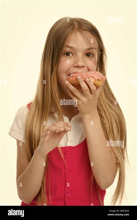 Small Girl Eating Dessert Happy Small Girl Enjoys Sweet Dessert Happy