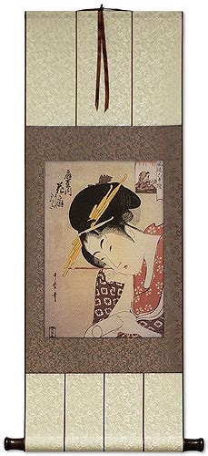 Hanaogi Of The Ogiya Japanese Woman Woodblock Print Repro Wall Scroll