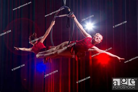 Circus Actress Acrobat Performance Two Girls Perform Acrobatic