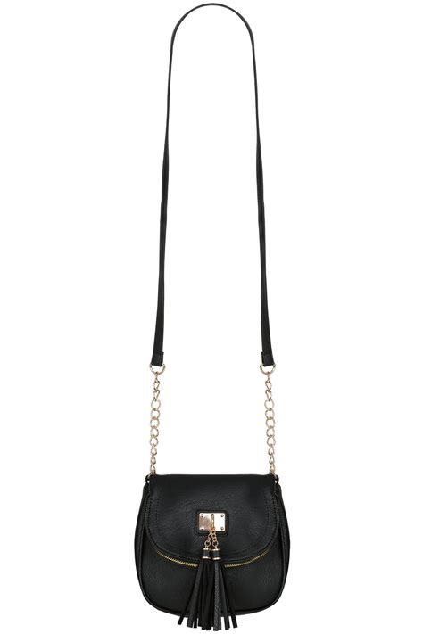 Black Faux Leather Tassel Trim Oval Bag With Body Strap