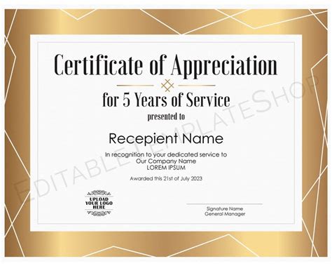 5 Years Of Service Editable Certificate Of Appreciation Etsy In 2021