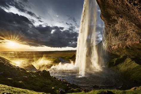 Seljalandsfoss Waterfall Iceland Landscape Nature Waterfall Sun