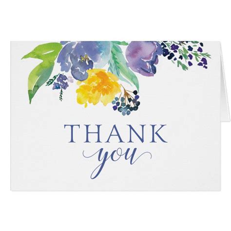 Blue Floral Watercolor Thank You Card Watercolor Flowers