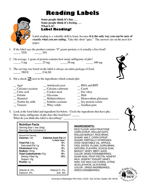 Reading A Food Label Worksheets