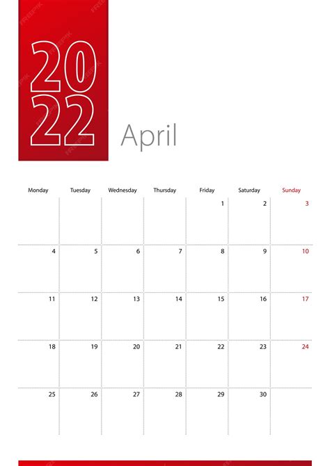 Premium Vector April 2022 Calendar Design Week Starts On Monday