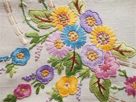 Beautiful Vintage Hand Embroidered Tray Cloth Flowers In An Etsy