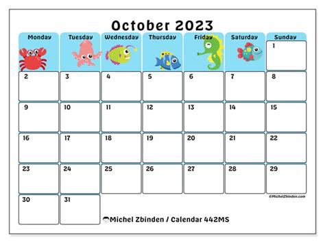 October 2023 Printable Calendar 442ms Michel Zbinden Hk