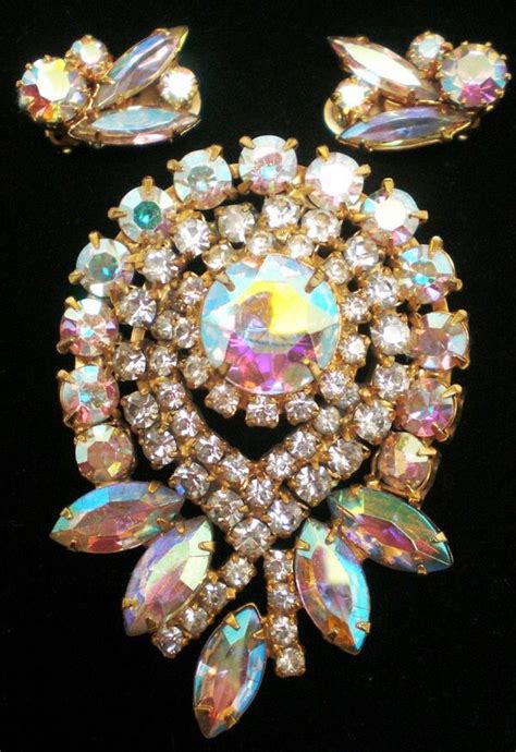 Aurora Borealis Rhinestone Brooch And Earrings Set Antique Costume