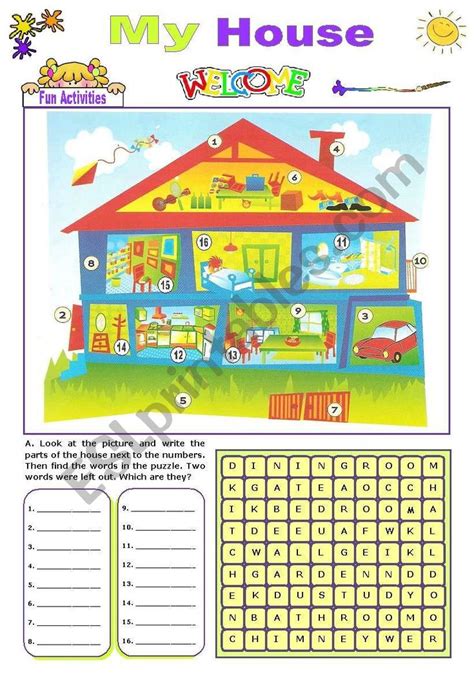house fun activities esl worksheet  mena easy toddler