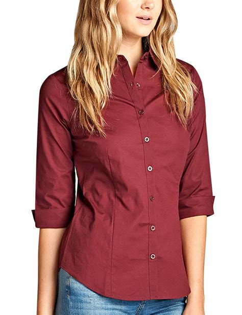 Womens Classic Solid 34 Sleeve Button Down Blouse Dress Shirt Kogmo