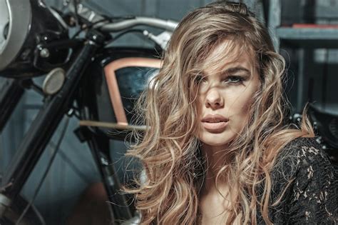Premium Photo Sensual Woman Sexy Girl Face Sitting Near Motorcycle On