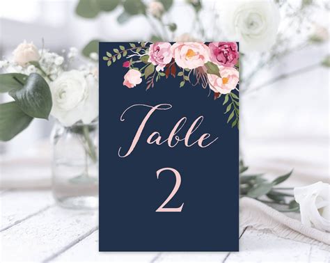 Blue Pink Wedding Table Number Template Diy Table Number Wedding