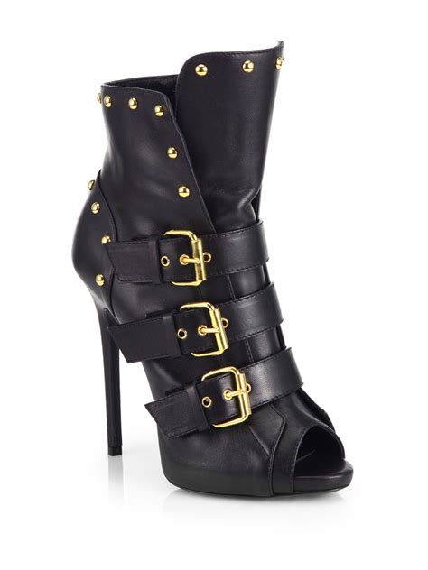 Lyst Giuseppe Zanotti Strappy Studded Leather Peep Toe Booties In Black