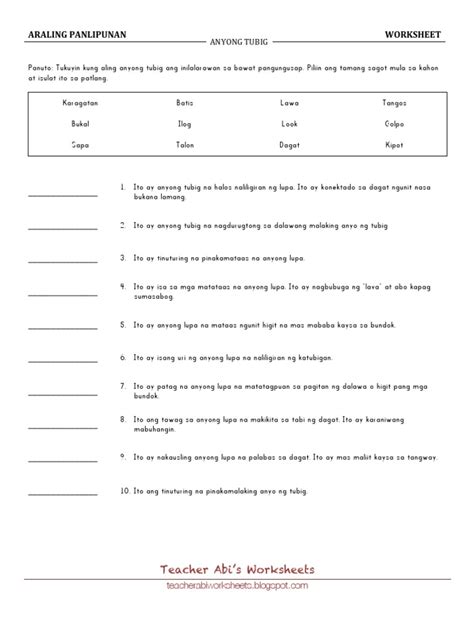 Araling Panlipunan Worksheet Anyong Tubig