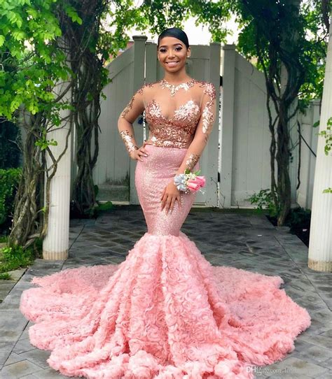 2019 Pink Long Sleeves Black Girls Prom Dress Mermaid Formal Pageant