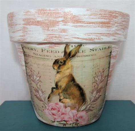 Bunny Pink Roses Planter White Chalk Paint Distressed 4 In Etsy