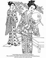 Coloring Geisha Drawing Japan Yukata Plum Medallions Decorated Casual Clothing sketch template