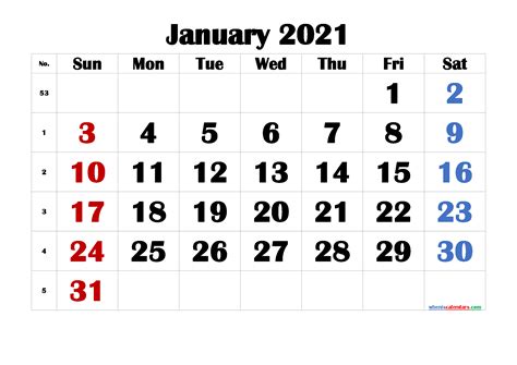Printable Calendar For January 2021 6 Templates
