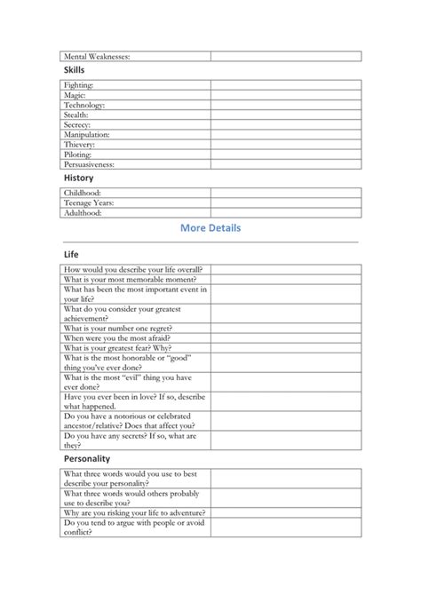 Character profile sheet template in Word and Pdf formats - page 2 of 3