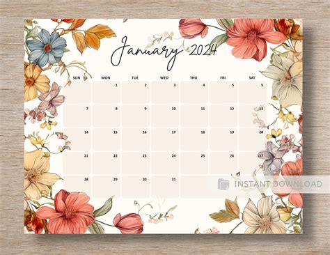 January 2024 Calendar Printable Planner Beautiful Vintage Flowers Month
