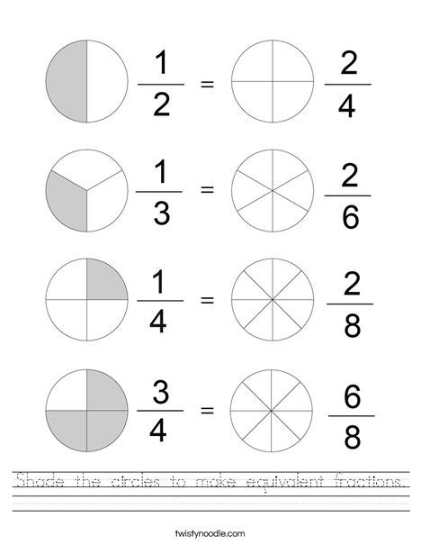 Shade The Circles To Make Equivalent Fractions Worksheet Twisty Noodle