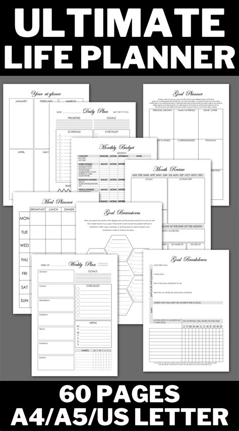The Ultimate Printable Life Planner Is Shown In Black And White With