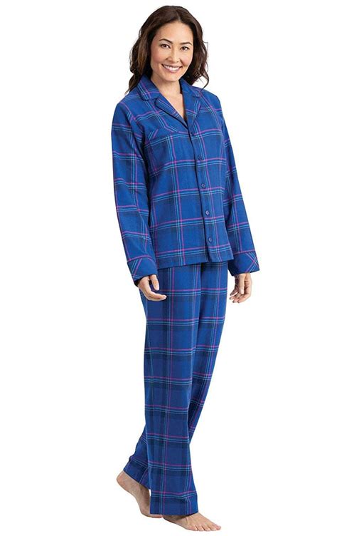 Pajamagram Womens Flannel Pajamas Plaid Button Down Indigo Plaid