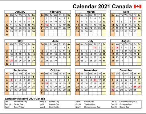 Imprimable Gratuit Canada 2021 Calendrier Modèles Pdfmotexcel