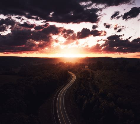Beautiful Road Path Sun Setting Drone View 4k Wallpaperhd Nature