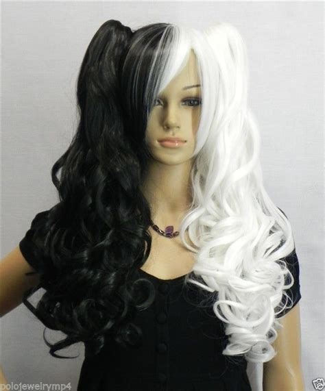 New Cosplay Black White Mixed Curly Split Type Heat Resistant Wig