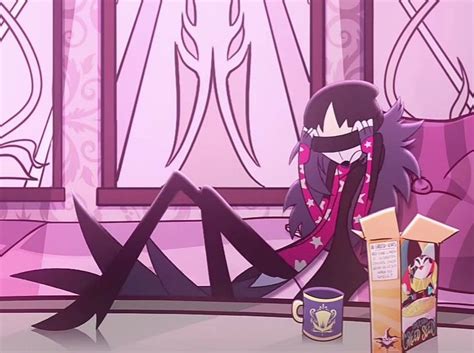 An Anime Character Sitting On A Couch Next To A Box And Coffee Cup With