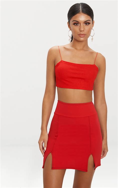 Red Super High Waisted Double Split Hem Mini Skirt Prettylittlething