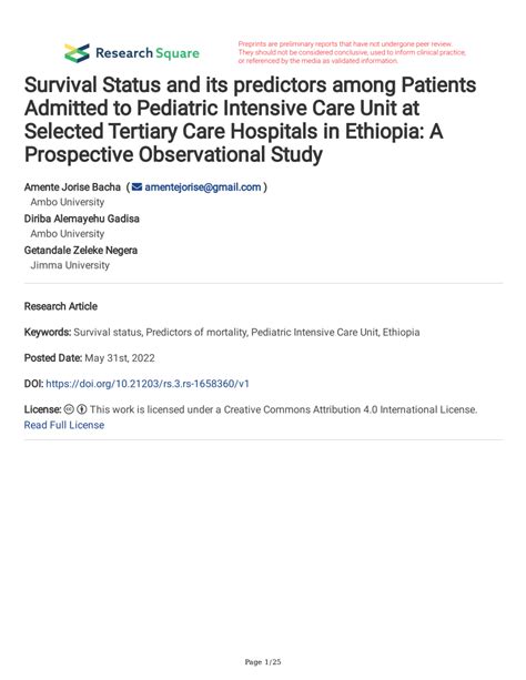 Pdf Survival Status And Its Predictors Among Patients Admitted To