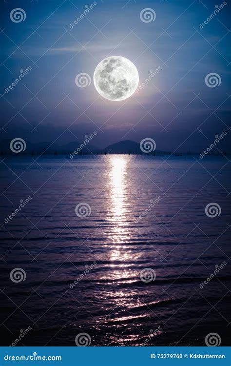 Romantic Scenic With Full Moon On Sea To Night Reflection Of Mo Stock