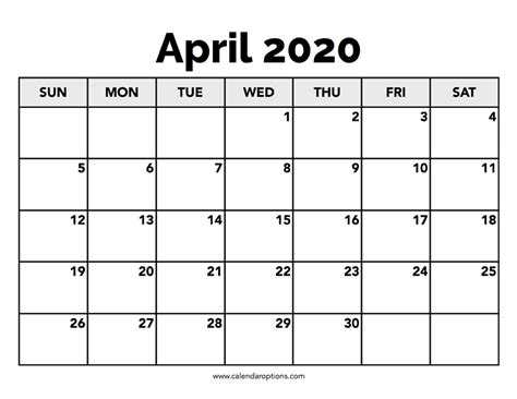 Calendar April 2020 Calendar Options