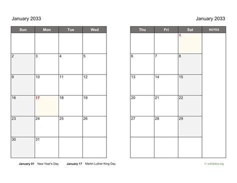 Monthly 2033 Calendar On Two Pages