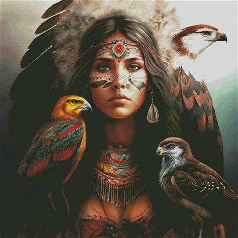Native American Woman Maiden With Birds Of Prey Counted Cross Stitch Pattern Digital Pdf
