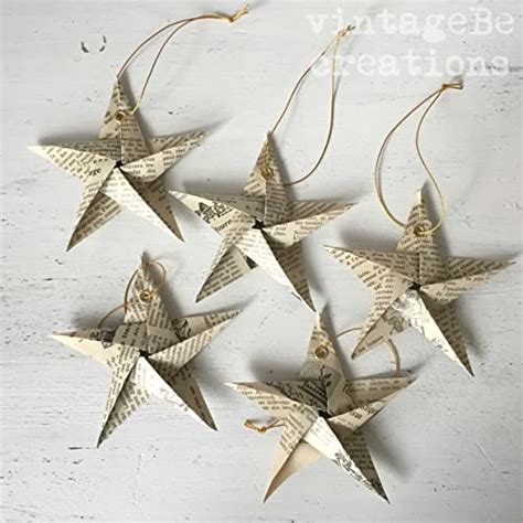 Christmas Stars Tree Decorations Vintage Newspaper Ornament Set Of 5