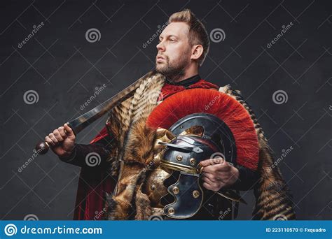 Bearded Roman Soldier With Gladius And Helmet Stock Photo Image Of