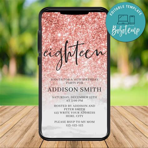Electronic Rose Gold 18th Electronic Invite Birthday Template DIY