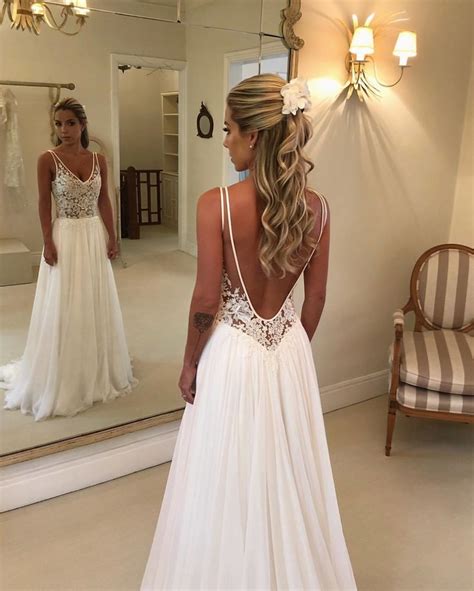 Sexy Ivory Chiffon Wedding Dress Elegant Deep V Neck Open Back Lace Appliques Sweep Train Bridal