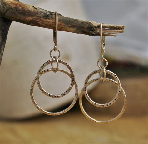 14k Yellow Gold Hammered Hoop Dangle Earrings With Lever Etsy