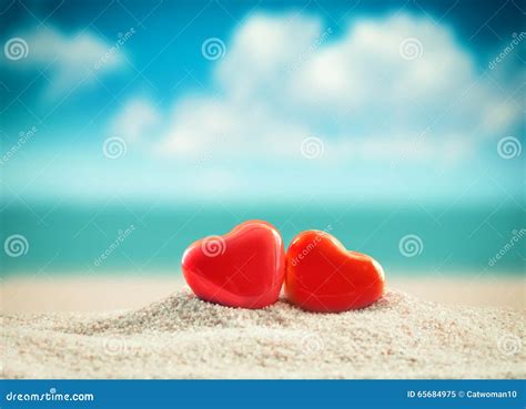 Two Red Hearts On The Summer Beach Valentines Day Stock Image Image
