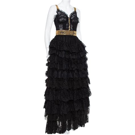 Dolce And Gabbana Black Floral Lace And Tulle Sequin Embellished Tiered