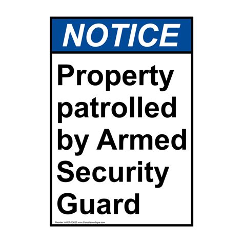 Portrait Ansi Notice Property Patrolled Armed Security Guard Sign Anep