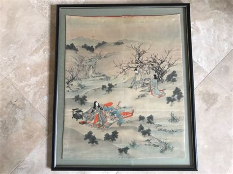 Original Vintage Japanese Silk Landscape Painting Nicely Framed 30 X 36