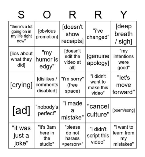 Youtuber Apology Ultimate Bingo Card