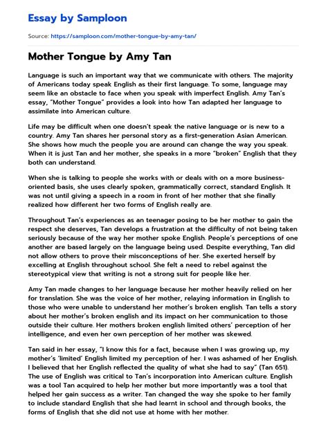 ≫ Mother Tongue By Amy Tan Free Essay Sample On