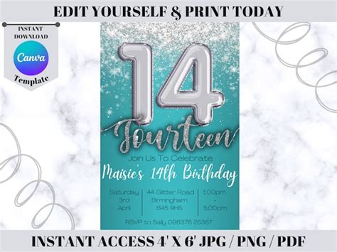 14th Birthday Invitations Editable Template Custom Party Etsy