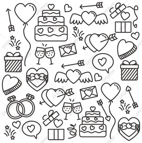 Hand Drawn Wedding Doodles With Hearts Ts And Other Items On White